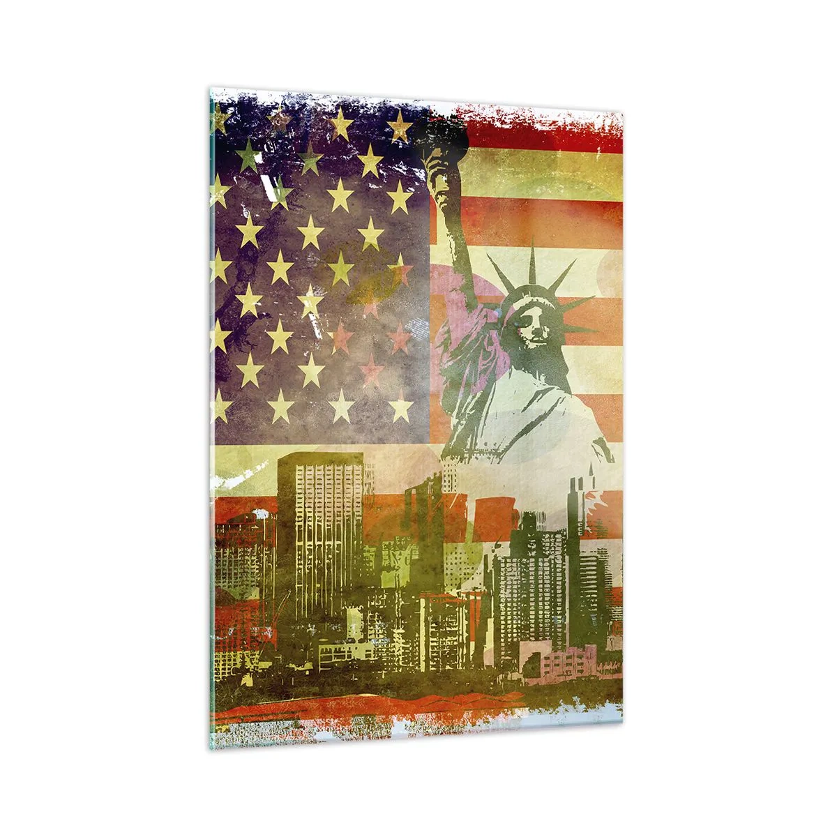 Glasbild - Bild auf glas - US-Flagge mit Silhouette der Freiheitsstatue und Stadtbild - 50x70cm - Viva Amerika! - Moderne Wanddekoration für Wohnzimmer und Schlafzimmer ARTTOR