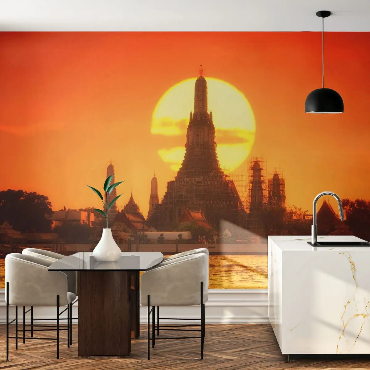 Fototapete Standard Eco - Der Sonne entgegen, immer der Sonne entgegen - Bangkok, Tempel der Morgenröte, Thailand - 150x105 cm