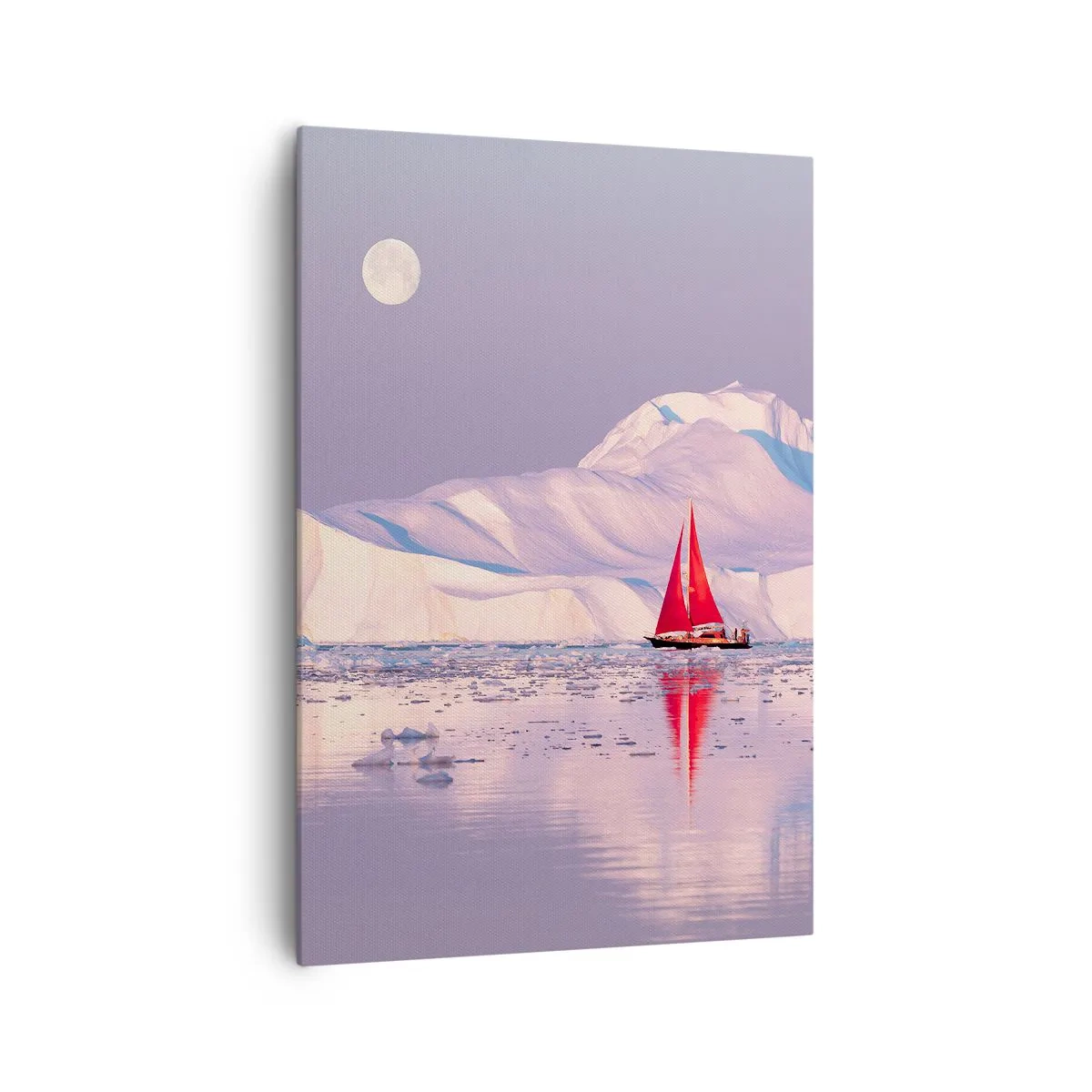 Bild auf Leinwand - Leinwandbild - Ein rotes Segel vor der Kulisse eisiger Berge und eines Vollmonds. - 70x100cm - Die Hitze des Segels, die Kälte des Eises - Moderne Wanddekoration für Wohnzimmer und Schlafzimmer ARTTOR