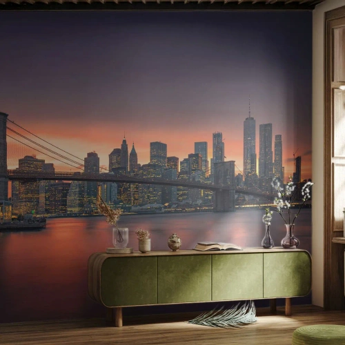 Fototapete Standard Eco - Eingetaucht in lila Stille - New York, Stadt, Brooklyn Brücke - 150x105 cm
