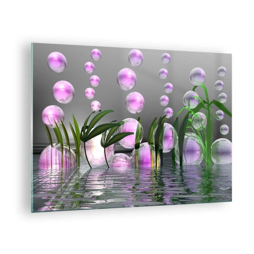 Glasbild - Bild auf glas - Lila Blasen schweben über dem Wasser mit Pflanzen - 70x50cm - Eine reflektierende Komposition aus Leichtigkeit und Leben - Moderne Wanddekoration für Wohnzimmer und Schlafzimmer ARTTOR
