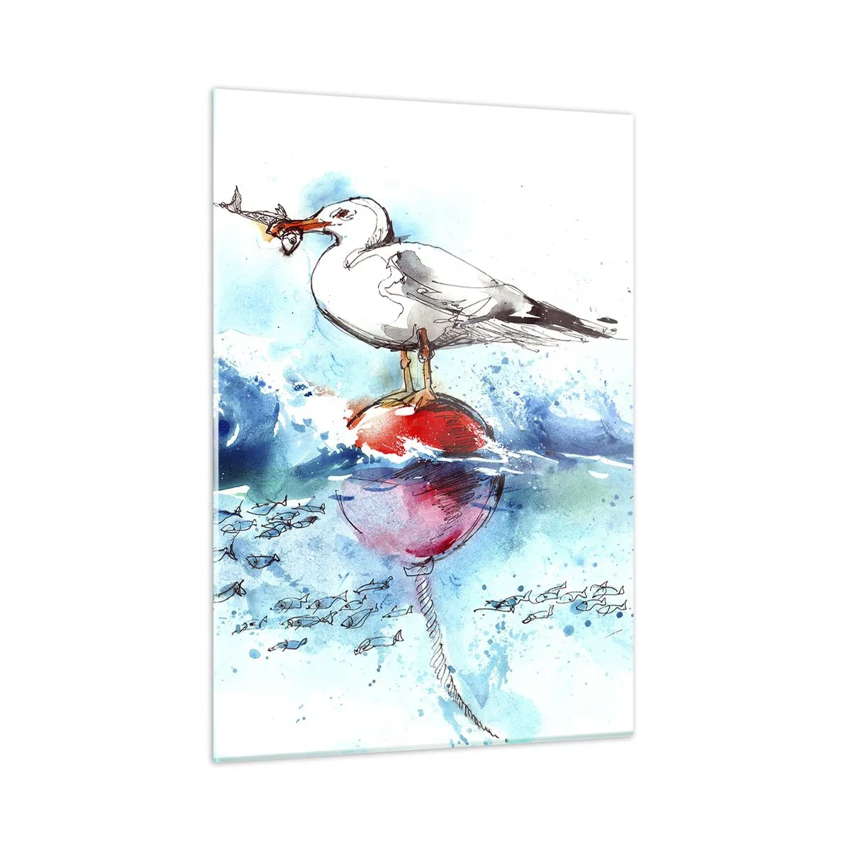 Glasbild - Bild auf glas - Eine Möwe auf einer Boje mit einem Fisch im Hintergrund der Meereswellen - 50x70cm - Erfolgreicher Fang - Moderne Wanddekoration für Wohnzimmer und Schlafzimmer ARTTOR