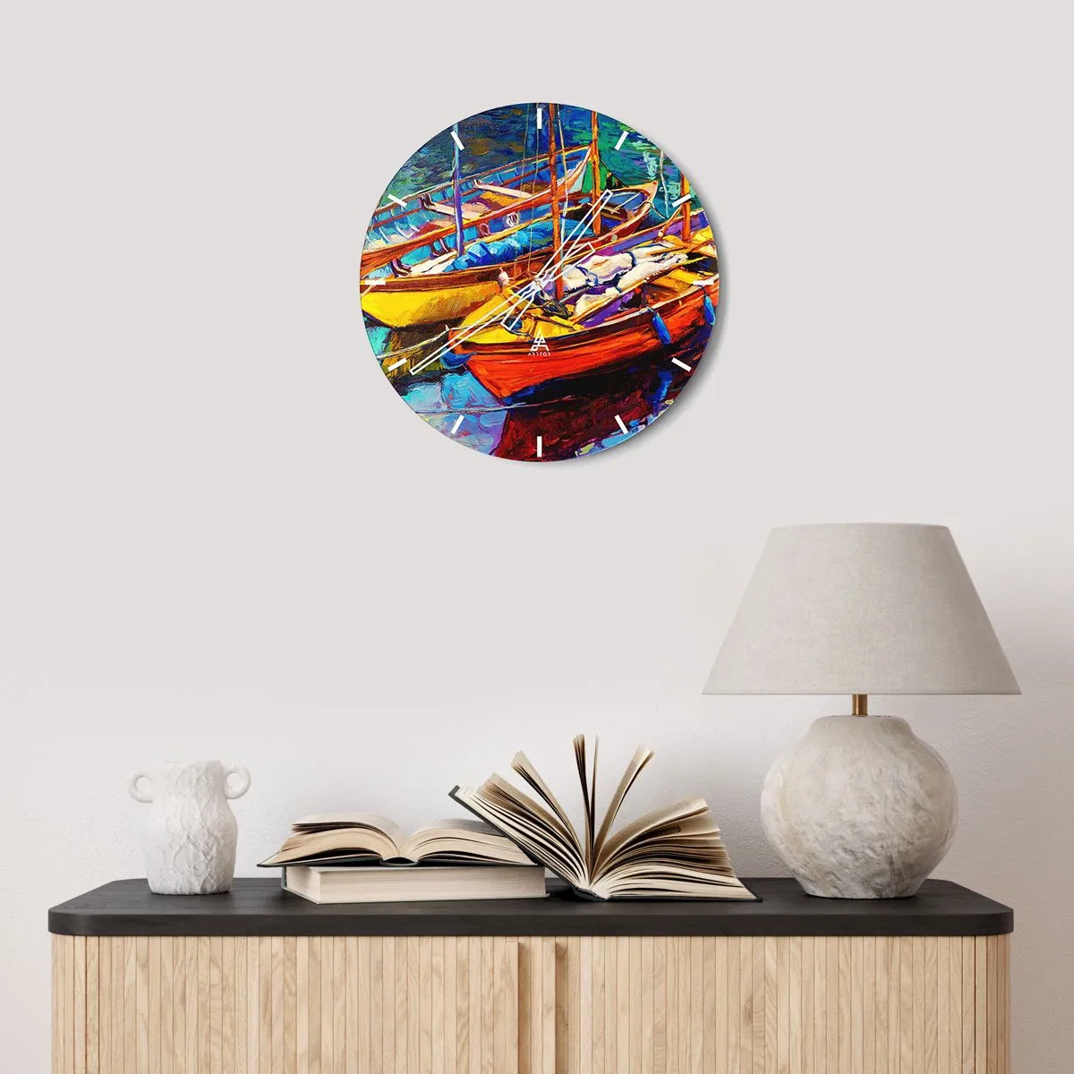 Wanduhr - Glasuhr - Bunte Boote im Hafen - 30x30cm - Auf Wasser dick mit Farben - Moderne Wanddekoration für Wohnzimmer, Küche und Schlafzimmer ARTTOR
