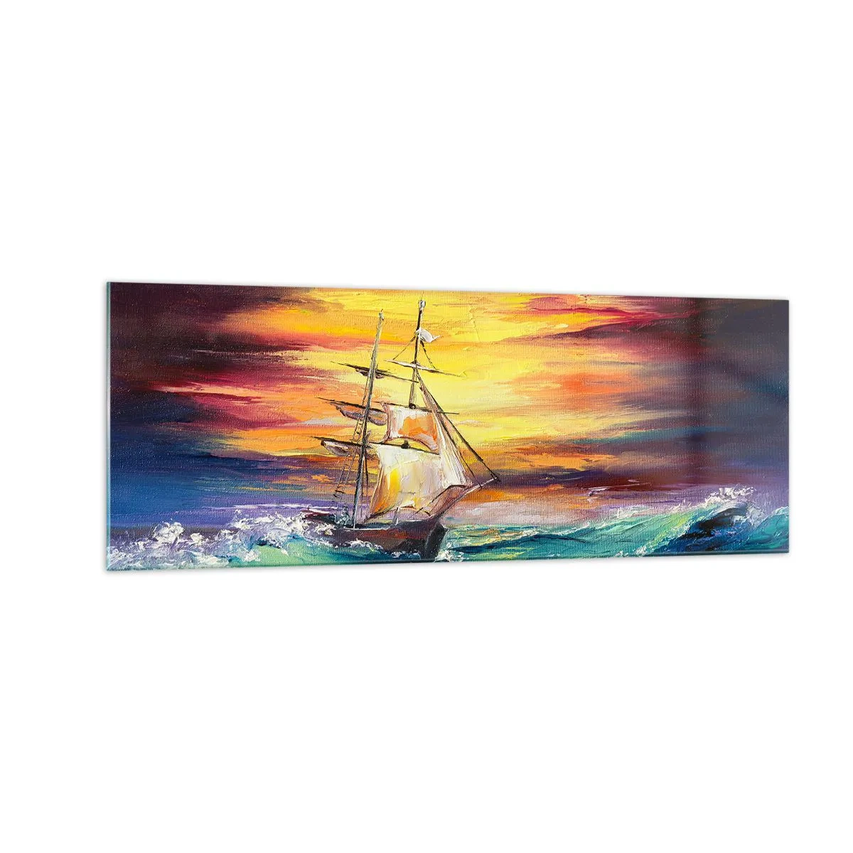 Glasbild - Bild auf glas - Ein Segelschiff vor der Kulisse eines farbenfrohen Sonnenuntergangs - 140x50cm - Tapfer unter den Wellen - Moderne Wanddekoration für Wohnzimmer und Schlafzimmer ARTTOR
