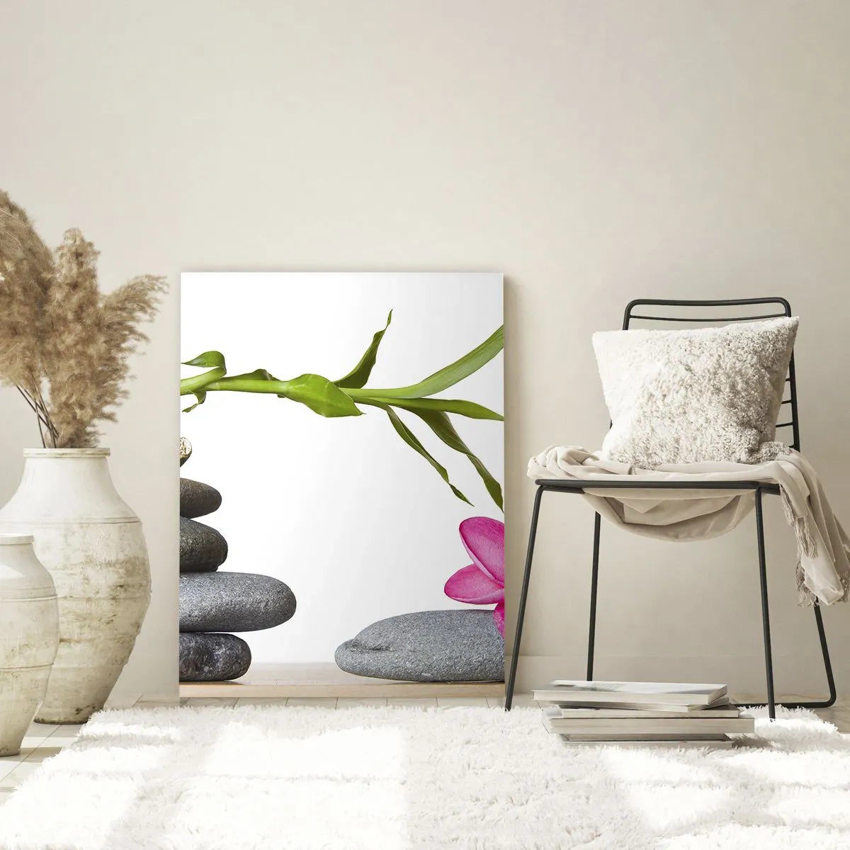 Glasbild - Bild auf glas - Bambus und rosa Blume auf Steinen im Zen-Stil - 80x120cm - Farben des Lebens und der Dauer - Moderne Wanddekoration für Wohnzimmer und Schlafzimmer ARTTOR
