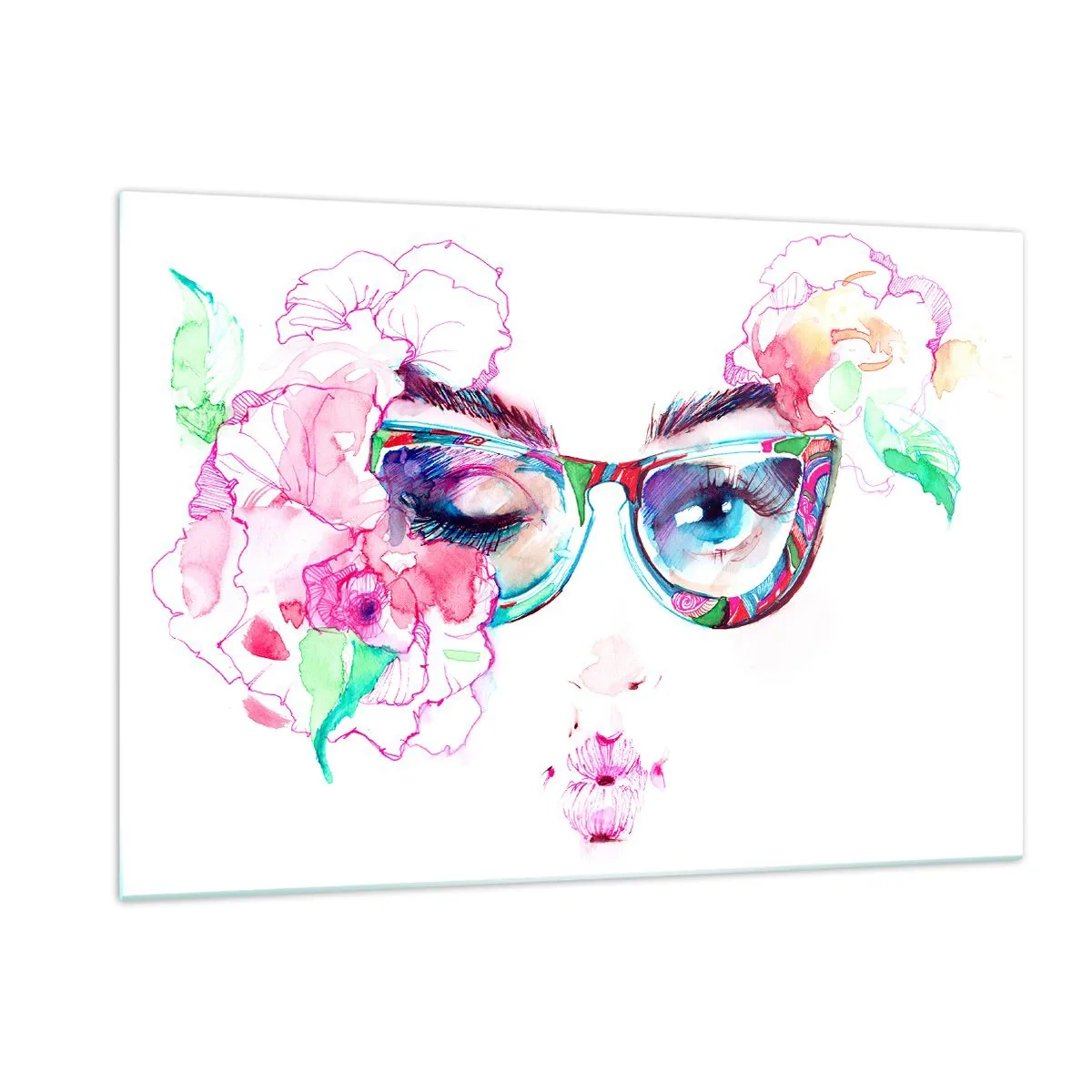 Glasbild - Bild auf glas - Frauenaugen mit Blumen und bunten Gläsern im Aquarellstil - 120x80cm - Ein verlockendes Versprechen - Moderne Wanddekoration für Wohnzimmer und Schlafzimmer ARTTOR