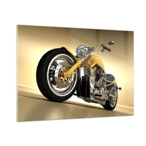 Glasbild - Bild auf glas - Ein goldenes Custom-Motorrad vor hellem Hintergrund - 100x70cm - Ein Traum von Kraft und Geschwindigkeit - Moderne Wanddekoration für Wohnzimmer und Schlafzimmer ARTTOR