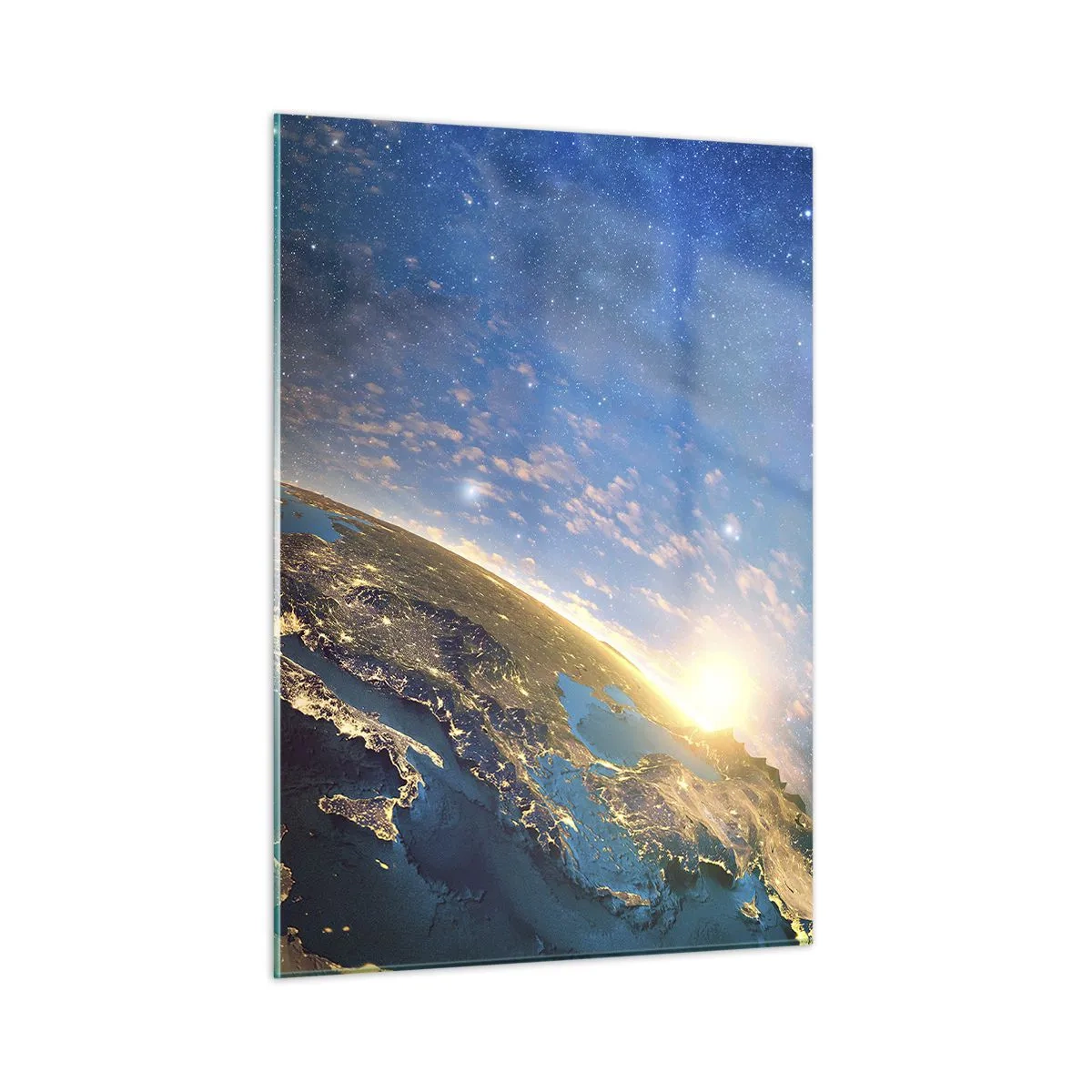 Glasbild - Bild auf glas - Ein Blick auf die Erde aus dem Weltraum mit sichtbarem Sonnenaufgang - 50x70cm - Schauen wir uns aus der Ferne an - Moderne Wanddekoration für Wohnzimmer und Schlafzimmer ARTTOR