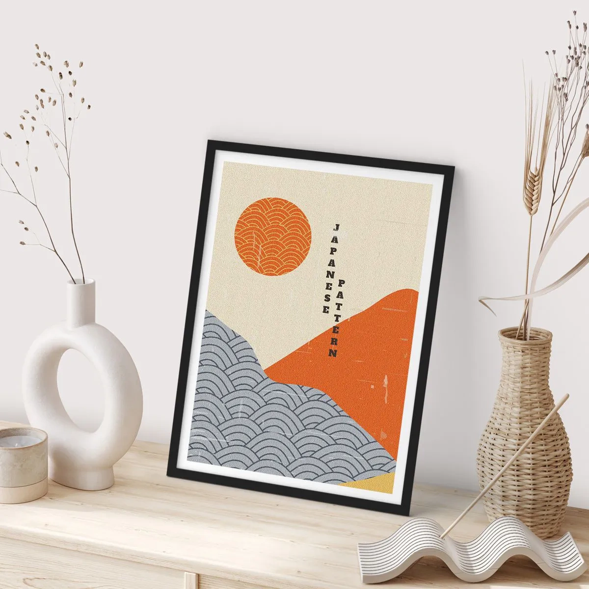Poster in einem schwarzem Rahmen - Minimalistisches japanisches Muster mit Wellen und Sonne - 50x70cm - Im japanischen Geist - Moderne Wanddekoration für Wohnzimmer und Schlafzimmer ARTTOR