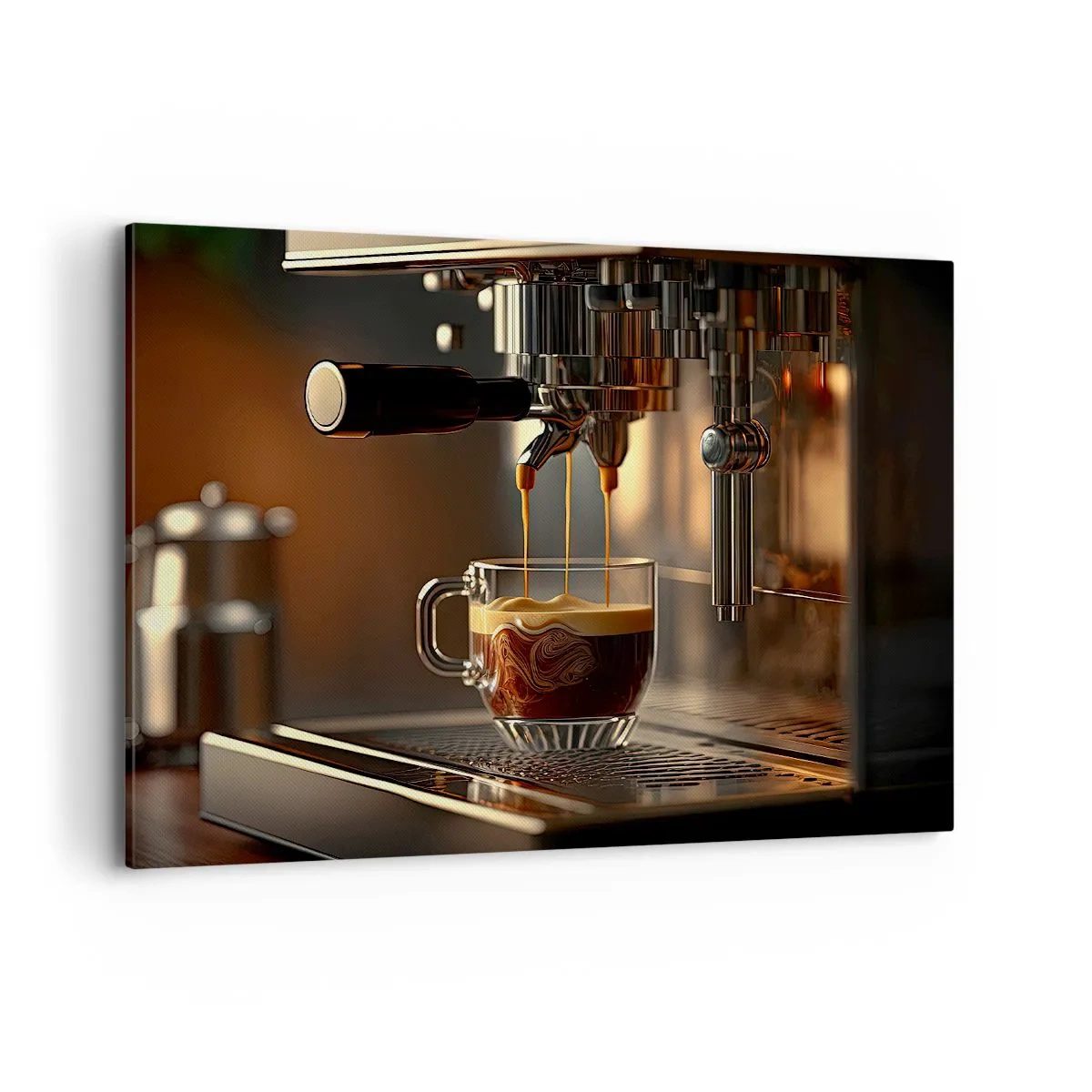 Bild auf Leinwand - Leinwandbild - Kaffeemaschine mit einer Tasse aromatischem Espresso - 100x70cm - Sinnliche Mischung - Moderne Wanddekoration für Wohnzimmer und Schlafzimmer ARTTOR