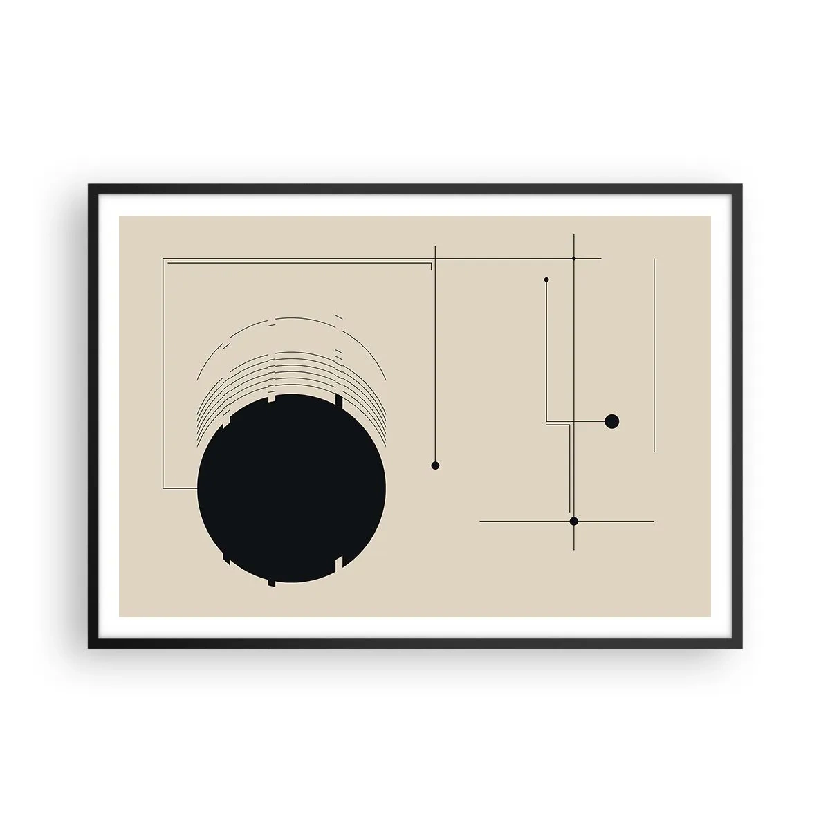 Poster in einem schwarzem Rahmen - Schwarze geometrische Linien und ein Kreis auf beigem Hintergrund - 100x70cm - Flexible und dynamische Komposition - Moderne Wanddekoration für Wohnzimmer und Schlafzimmer ARTTOR
