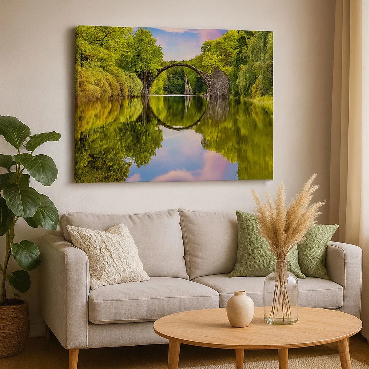 Bild auf Leinwand - Leinwandbild - Eine Steinbrücke über einen Fluss mit einer perfekten Spiegelung im Wasser - 70x50cm - An der Kreuzung zweier Welten - Moderne Wanddekoration für Wohnzimmer und Schlafzimmer ARTTOR