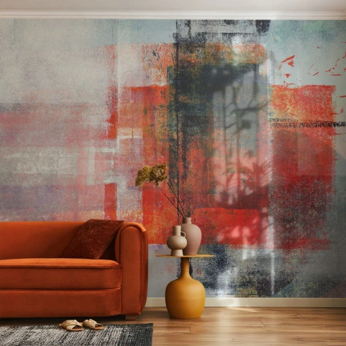 Fototapete Premium Sand - Energetische Abstraktion mit Rot und geometrischen Formen - 100x70cm - Komposition leuchtet - Moderne Wanddekoration für Wohnzimmer und Schlafzimmer ARTTOR