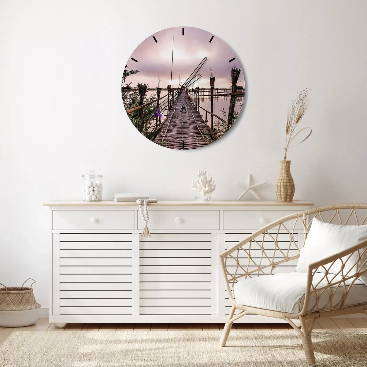 Wanduhr - Glasuhr - Eine Bambusbrücke, die in die Tiefen eines ruhigen Sees führt - 30x30cm - Frieden und Ruhe Asiens - Moderne Wanddekoration für Wohnzimmer, Küche und Schlafzimmer ARTTOR