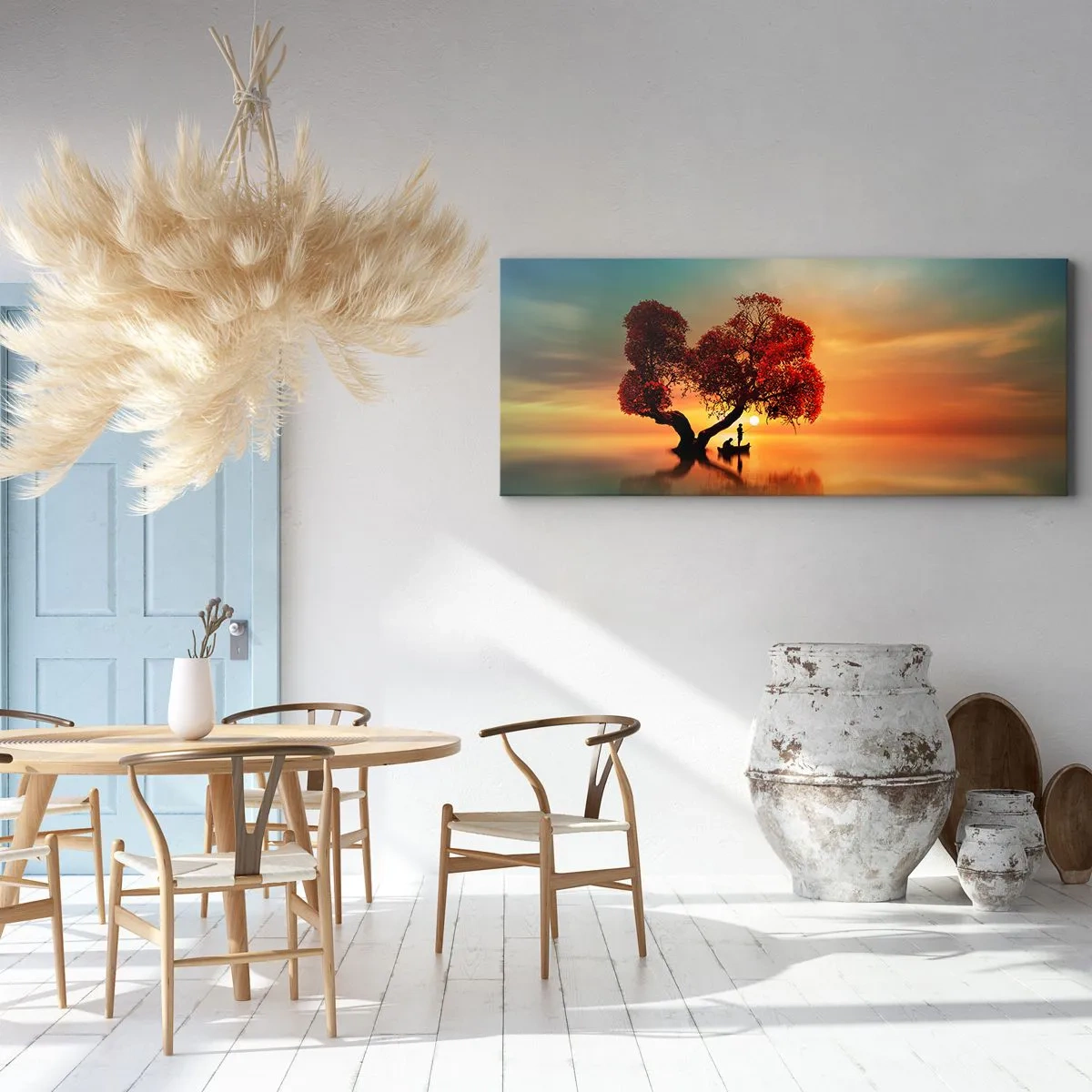 Bild auf Leinwand - Leinwandbild - Ein rotblättriger Baum und ein Boot auf dem Wasser bei Sonnenuntergang - 120x50cm - Oddaysons und die Stille der Weltlosen - Moderne Wanddekoration für Wohnzimmer und Schlafzimmer ARTTOR
