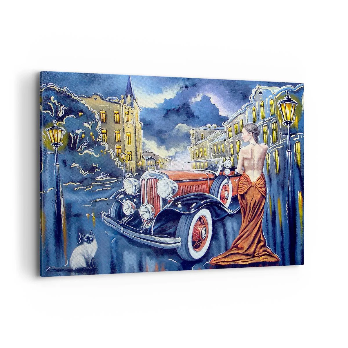 Bild auf Leinwand - Leinwandbild - Eine Frau in einem eleganten Kleid neben einem Retro-Auto in der Nacht - 100x70cm - Nocturne in Blau und Koralle - Moderne Wanddekoration für Wohnzimmer und Schlafzimmer ARTTOR