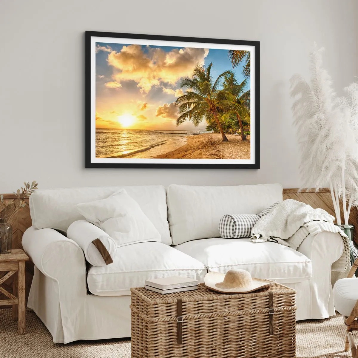Poster in einem schwarzem Rahmen - Strand mit Palmen und einem Sonnenuntergang über dem Meer - 70x50cm - Ewiger Sommer, immer Urlaub - Moderne Wanddekoration für Wohnzimmer und Schlafzimmer ARTTOR