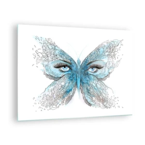 Glasbild - Bild auf glas - Ein Schmetterling mit blauen Flügeln und menschlichen Augen im künstlerischen Stil. - 70x50cm - Eros Blaumeise - Moderne Wanddekoration für Wohnzimmer und Schlafzimmer ARTTOR