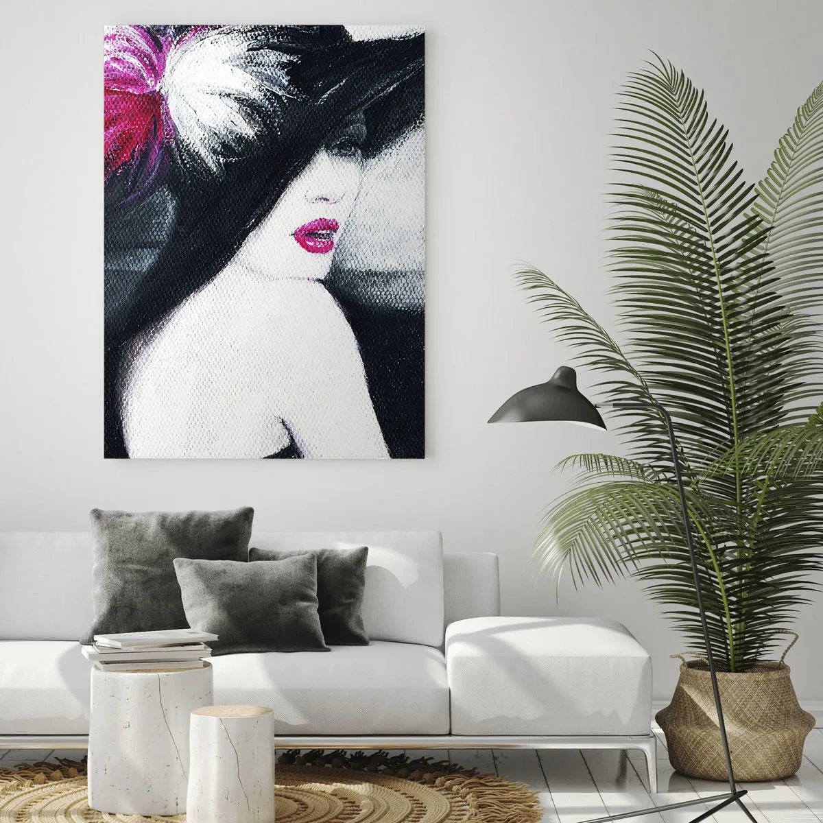 Glasbild - Bild auf glas - Stilvolle Frau mit Federhut - 80x120cm - Immer ein Geheimnis - Moderne Wanddekoration für Wohnzimmer und Schlafzimmer ARTTOR