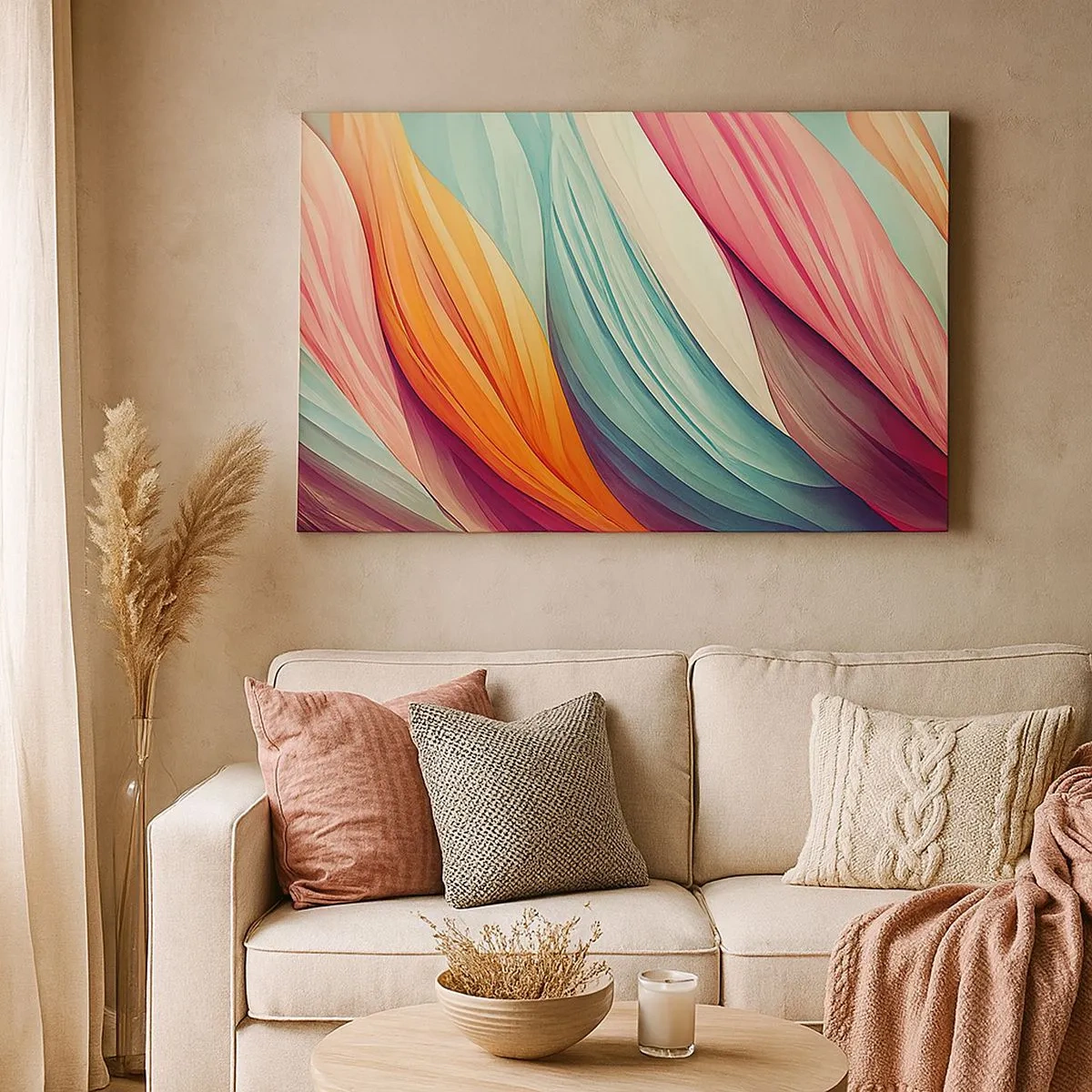 Bild auf Leinwand - Leinwandbild - Abstrakte Linien in Pastell- und leuchtenden Farben - 70x50cm - Regenbogengewebe - Moderne Wanddekoration für Wohnzimmer und Schlafzimmer ARTTOR