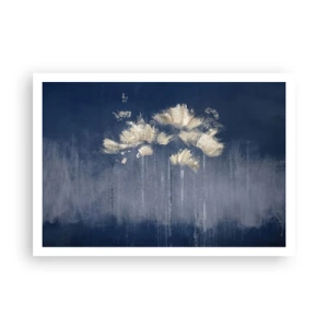 Poster - Zarte Blüten auf blauem Hintergrund - 100x70cm - Wie Blütenblätter im Wind - Moderne Wanddekoration für Wohnzimmer und Schlafzimmer ARTTOR