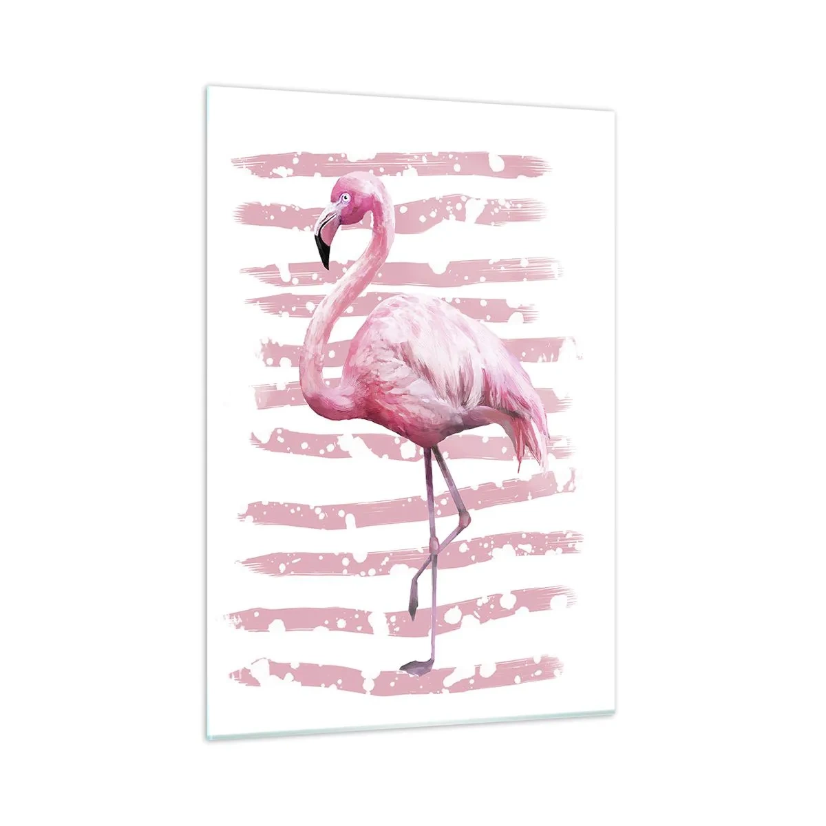 Glasbild - Bild auf glas - Ein rosa Flamingo vor einem Hintergrund aus künstlerischen rosa Streifen. - 50x70cm - In Würde, aber in Pink - Moderne Wanddekoration für Wohnzimmer und Schlafzimmer ARTTOR
