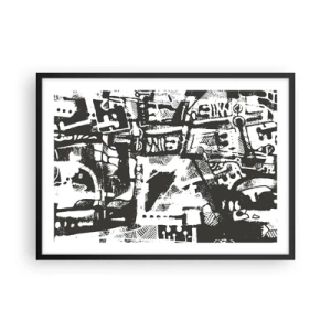 Poster in einem schwarzem Rahmen - Abstraktes monochromes Retro-Muster - 70x50cm - Ordnung oder Chaos? - Moderne Wanddekoration für Wohnzimmer und Schlafzimmer ARTTOR