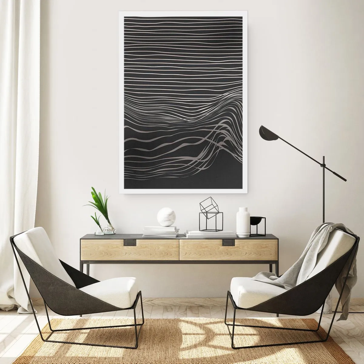 Poster - Abstrakte Komposition mit Linien auf schwarzem Hintergrund - 50x70cm - Rhythmus und Akzent - Moderne Wanddekoration für Wohnzimmer und Schlafzimmer ARTTOR