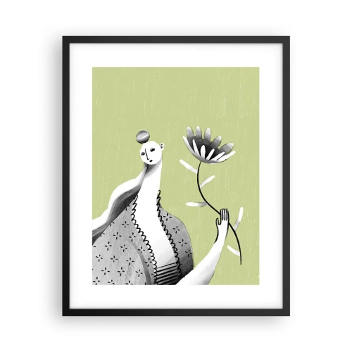 Poster in einem schwarzem Rahmen - Modernistisches Porträt – eine Blume haltend - 40x50 cm
