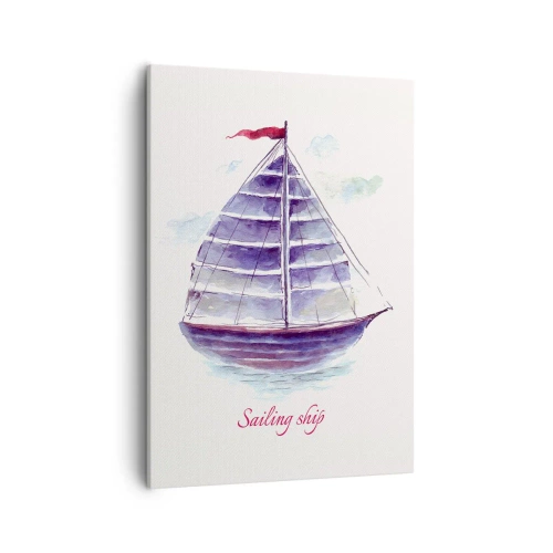 Bild auf Leinwand - Leinwandbild - Ein Aquarell eines Segelboots auf dem Wasser mit einer zarten Inschrift - 50x70cm - Volle Segel und ruhiges Wasser - Moderne Wanddekoration für Wohnzimmer und Schlafzimmer ARTTOR