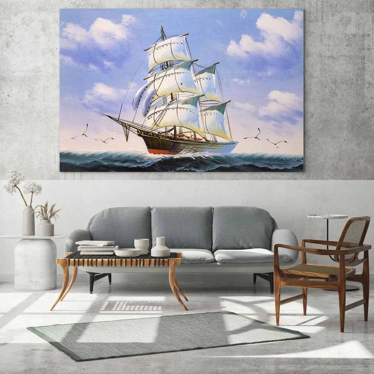 Glasbild - Bild auf glas - Ein Segelschiff auf hoher See unter blauem Himmel - 70x50cm - Mit Stolz mit dem Wind - Moderne Wanddekoration für Wohnzimmer und Schlafzimmer ARTTOR