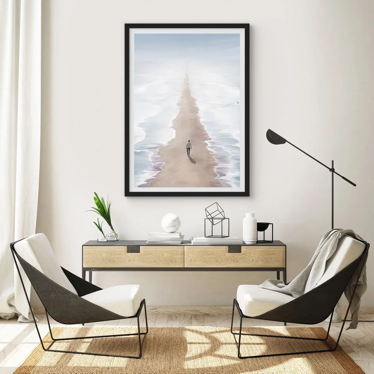 Poster in einem schwarzem Rahmen - Eine Gestalt geht allein einen Pfad zwischen ruhigen Gewässern entlang. - 50x70cm - Glänzende Zukunft - Moderne Wanddekoration für Wohnzimmer und Schlafzimmer ARTTOR