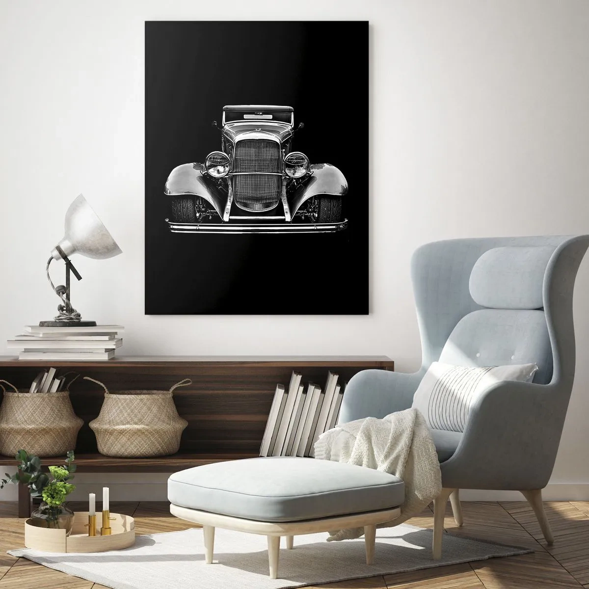 Glasbild - Bild auf glas - Ein Oldtimer in Schwarz und Weiß - 70x100cm - Wahrer Gentleman - Moderne Wanddekoration für Wohnzimmer und Schlafzimmer ARTTOR