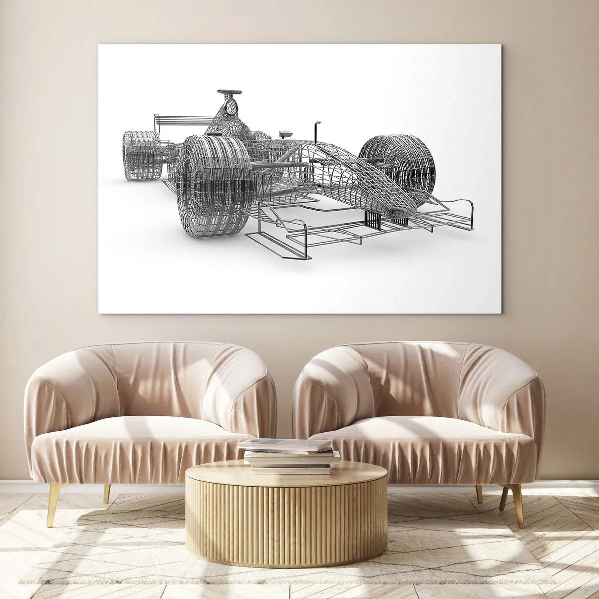 Glasbild - Bild auf glas - Technische Zeichnung eines Rennwagens im 3D-Stil - 70x50cm - Perfektes Design – die Idee von Schwung - Moderne Wanddekoration für Wohnzimmer und Schlafzimmer ARTTOR