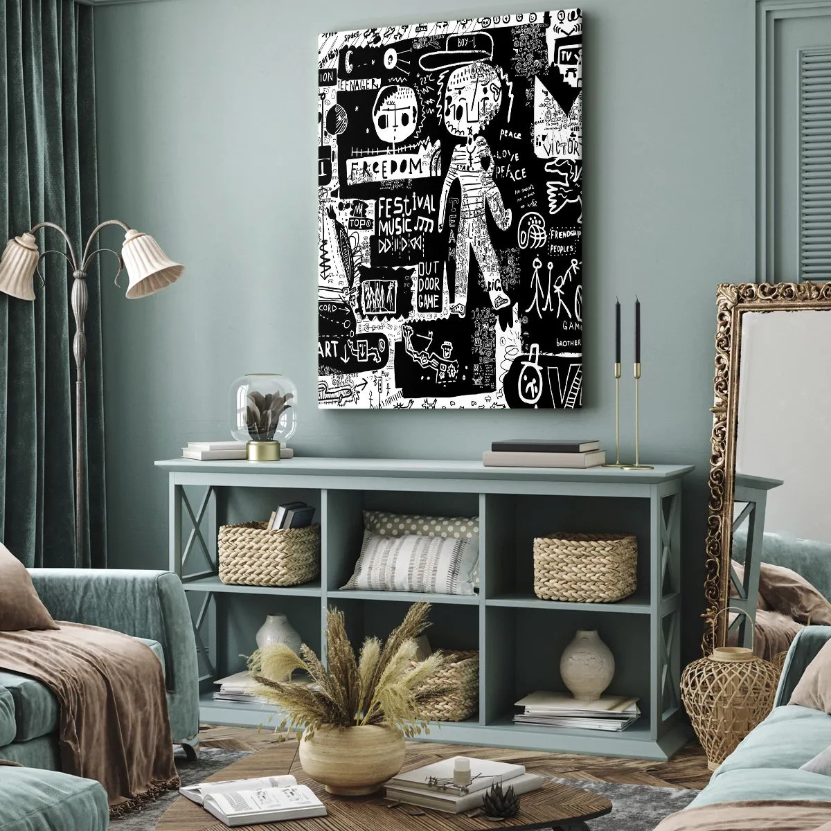 Bild auf Leinwand - Leinwandbild - Von der Straßenkunst inspirierte Schwarz-Weiß-Collage - 70x100cm - Spirituelle Jugend des Gesetzes und der Freude - Moderne Wanddekoration für Wohnzimmer und Schlafzimmer ARTTOR