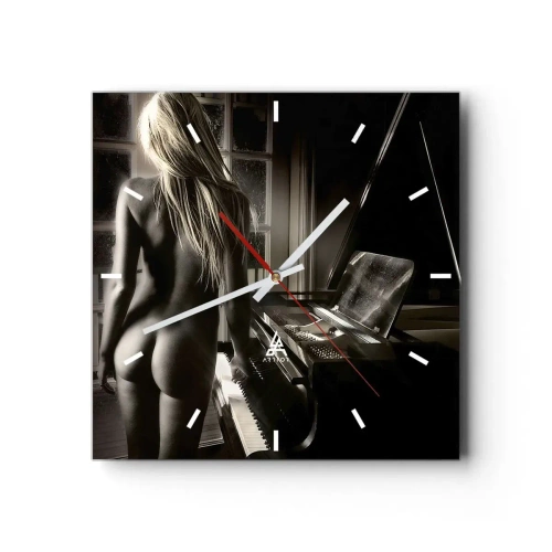 Wanduhr - Glasuhr - Weiblicher Akt am Klavier im Schwarz-Weiß-Stil - 30x30cm - Perfekte Harmonie des Abends - Moderne Wanddekoration für Wohnzimmer und Schlafzimmer ARTTOR