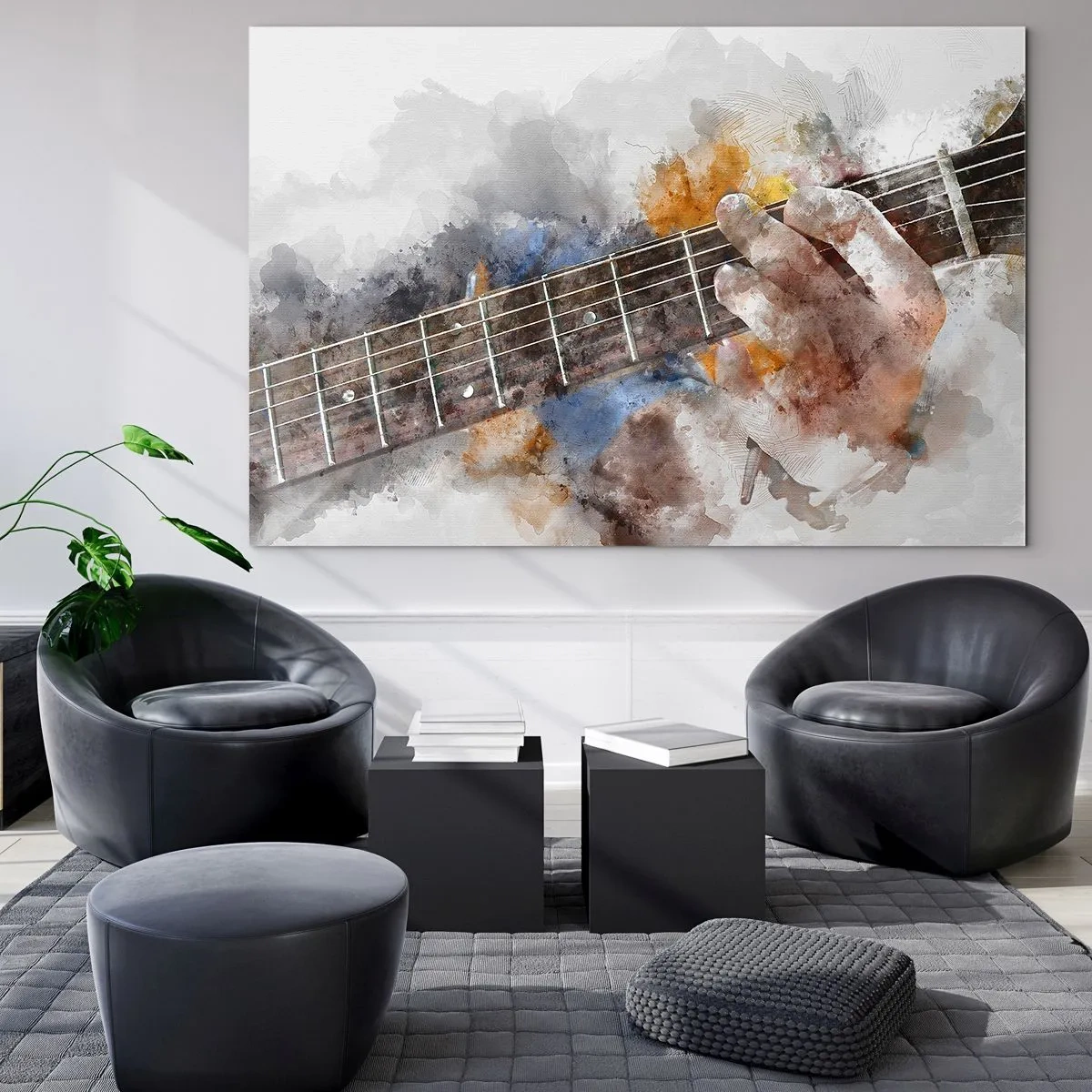 Glasbild - Bild auf glas - Aquarellmotiv einer Gitarre spielenden Hand - 70x50cm - Poesie zwischen den Saiten - Moderne Wanddekoration für Wohnzimmer und Schlafzimmer ARTTOR