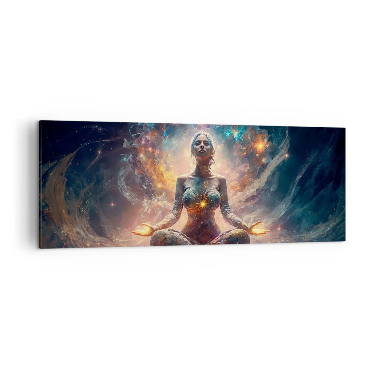 Bild auf Leinwand - Leinwandbild - Eine meditierende Figur, umgeben von energetischen Mustern und Farben. - 140x50cm - Fluss guter Energie - Moderne Wanddekoration für Wohnzimmer und Schlafzimmer ARTTOR