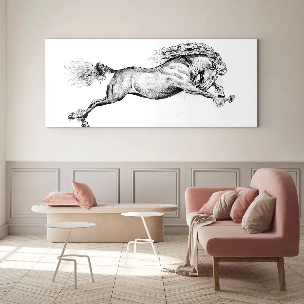 Glasbild - Bild auf glas - Skizze eines Pferdes im dynamischen Galopp auf weißem Hintergrund - 120x50cm - Im Galopp festgehalten - Moderne Wanddekoration für Wohnzimmer und Schlafzimmer ARTTOR