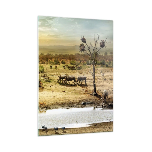 Glasbild - Bild auf glas - Elefanten und Tiere an einer Wasserstelle vor dem Hintergrund einer afrikanischen Landschaft - 50x70cm - Ein Fluss floss aus Eden ... - Moderne Wanddekoration für Wohnzimmer und Schlafzimmer ARTTOR