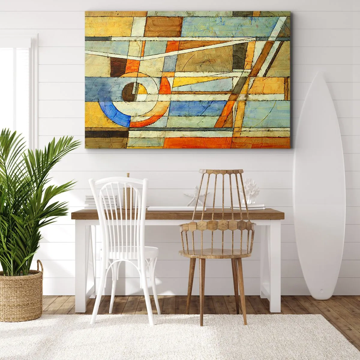 Bild auf Leinwand - Leinwandbild - Geometrische Abstraktion in Beige-, Blau- und Orangetönen - 100x70cm - Kubismus auf der Baustelle - Moderne Wanddekoration für Wohnzimmer und Schlafzimmer ARTTOR