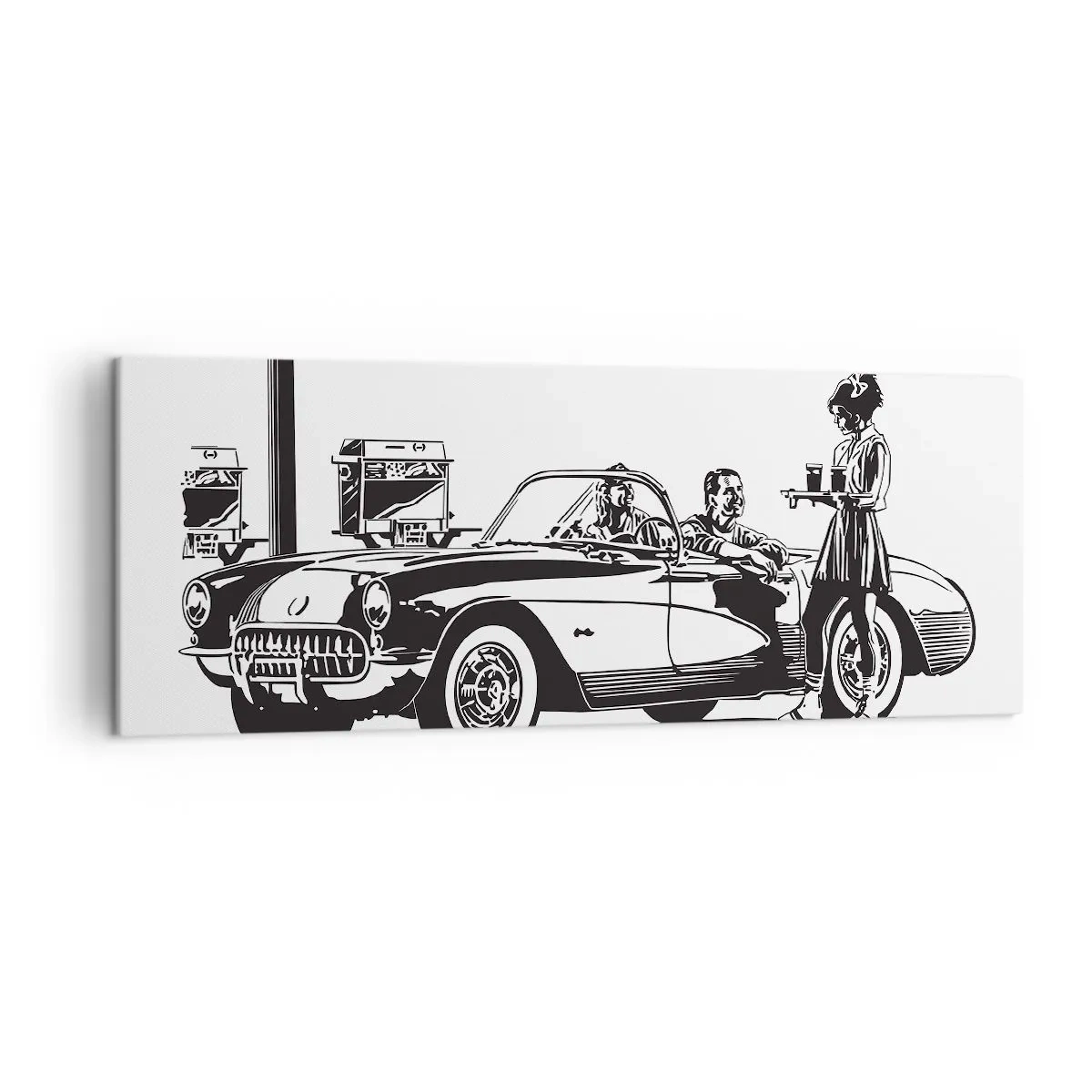 Bild auf Leinwand - Leinwandbild - Eine schwarz-weiße Retro-Szene mit einem Auto und einer Kellnerin auf Rollschuhen. - 140x50cm - 60. - unbeschwertes Amerika - Moderne Wanddekoration für Wohnzimmer und Schlafzimmer ARTTOR