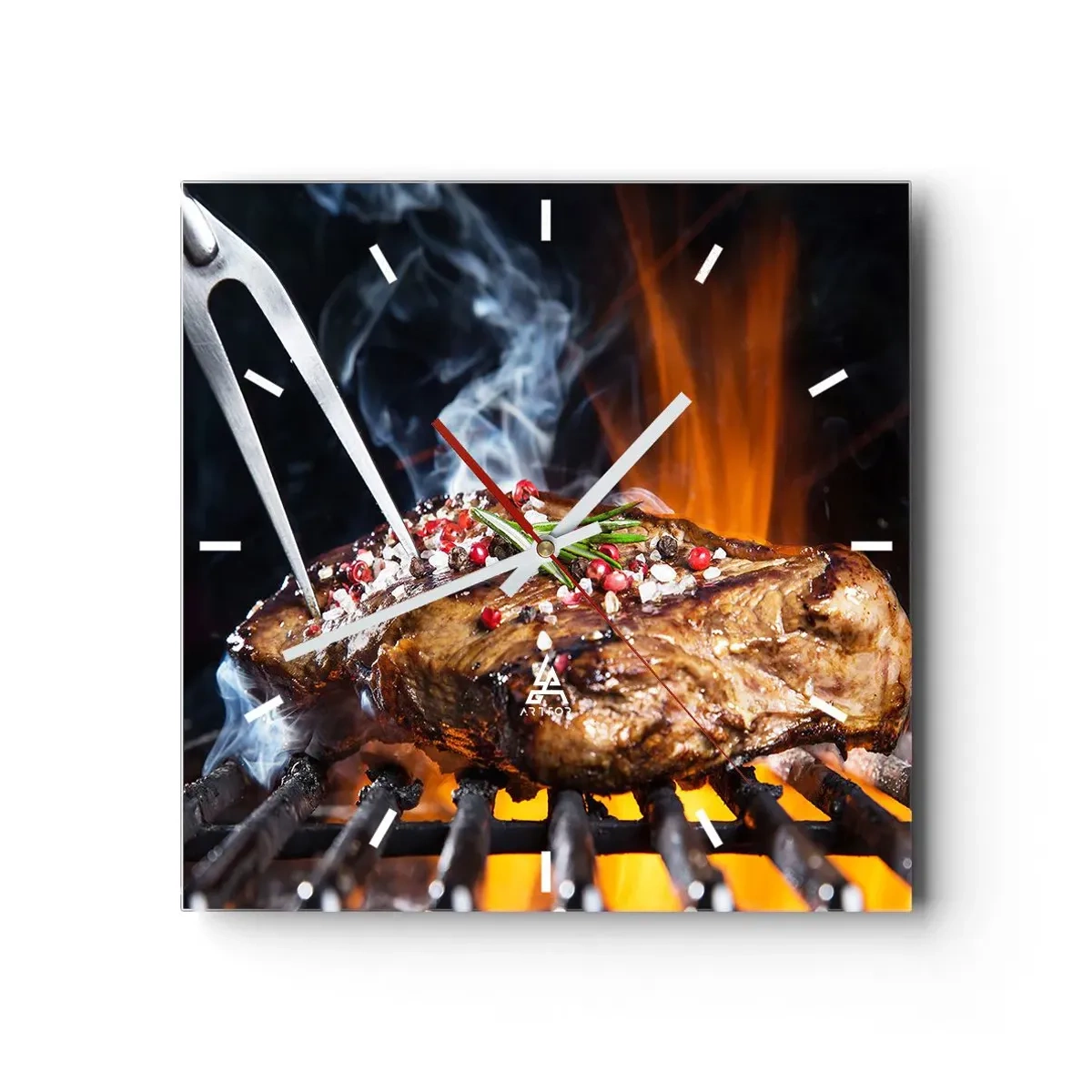 Wanduhr - Glasuhr - Gegrilltes Steak auf einem Grill mit Gewürzen - 30x30cm - Saftig und duftend - Moderne Wanddekoration für Wohnzimmer und Schlafzimmer ARTTOR
