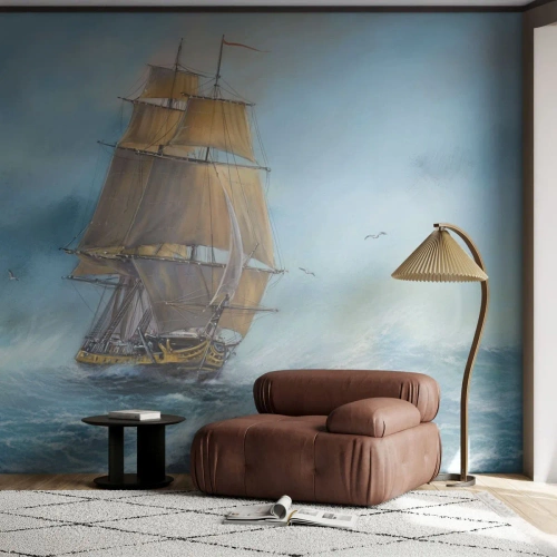 Fototapete Premium Canvas - Ein Segelschiff auf stürmischer See - 100x70cm - Über die Wellen gleiten - Moderne Wanddekoration für Wohnzimmer und Schlafzimmer ARTTOR
