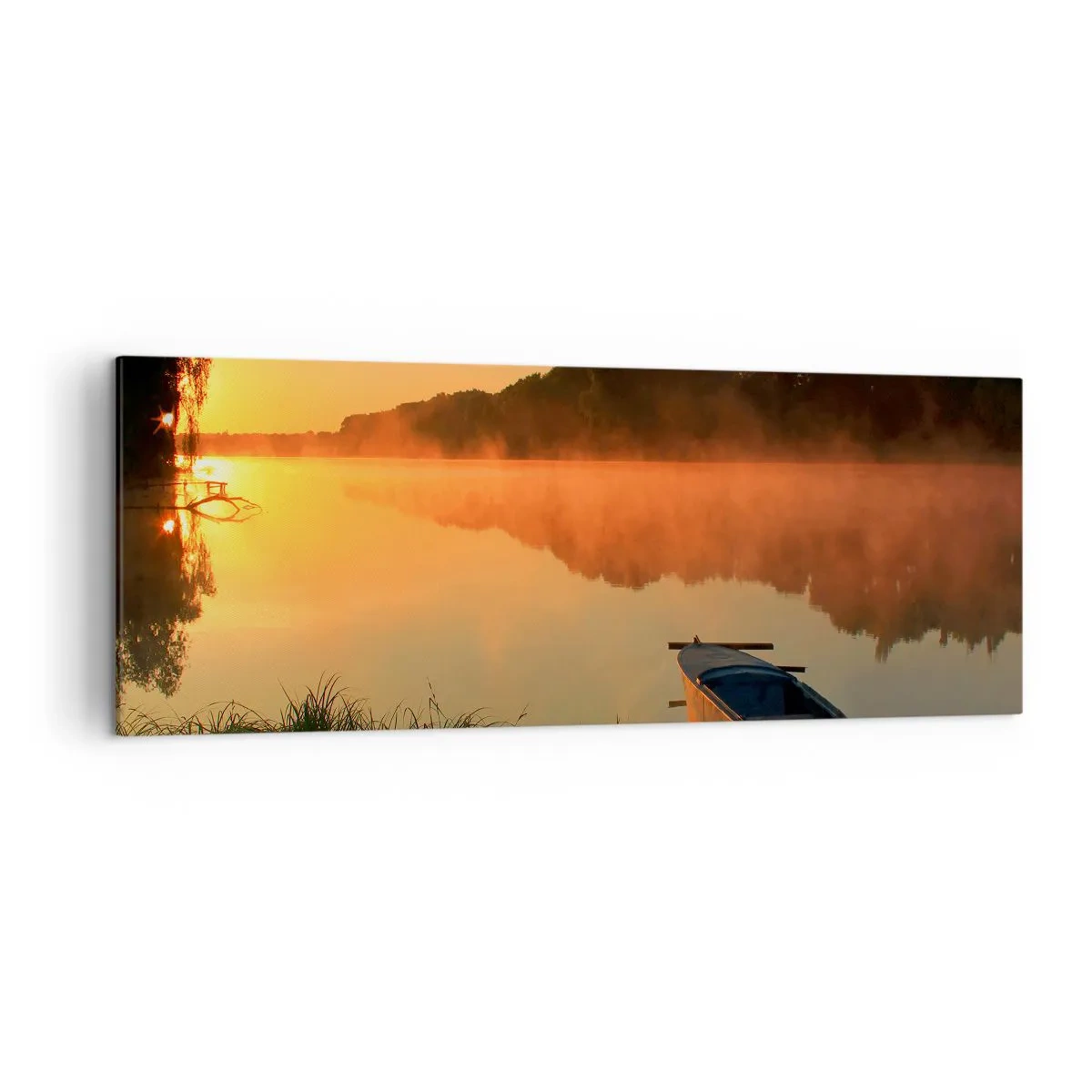 Bild auf Leinwand - Leinwandbild - Morgennebel über dem Fluss mit einem Boot in den Sonnenstrahlen - 140x50cm - Sonnenaufgang über dem Wasser wie ein Spiegel - Moderne Wanddekoration für Wohnzimmer und Schlafzimmer ARTTOR