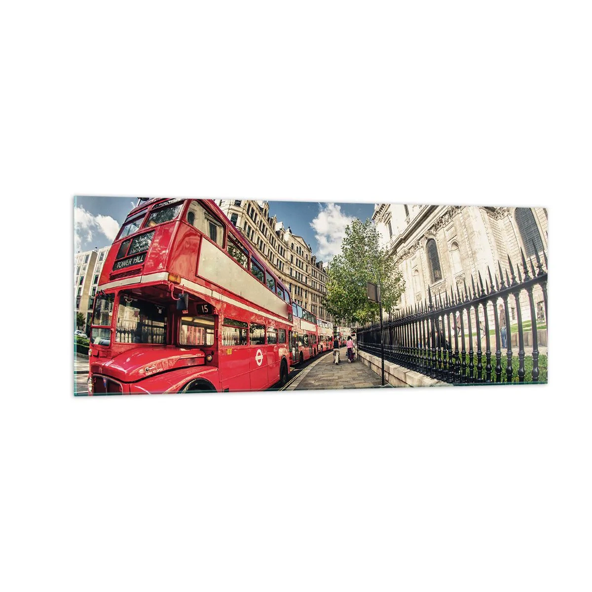 Glasbild - Bild auf glas - Roter Doppeldeckerbus in London in der Nähe der Straße und der Kathedrale - 140x50cm - Londoner Straße in Grau und Rot - Moderne Wanddekoration für Wohnzimmer und Schlafzimmer ARTTOR
