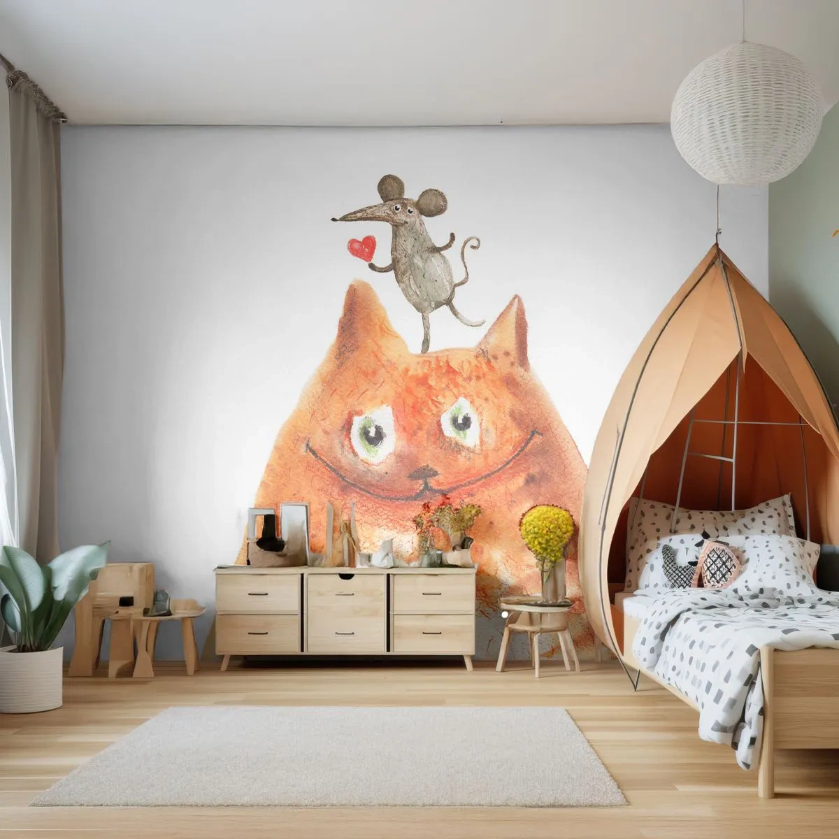 Fototapete Premium Canvas - Eine Zeichnung einer Katze mit einer Maus auf dem Kopf, die ein Herz hält - 100x70cm - Paradoxien der Liebe - Moderne Wanddekoration für Wohnzimmer und Schlafzimmer ARTTOR