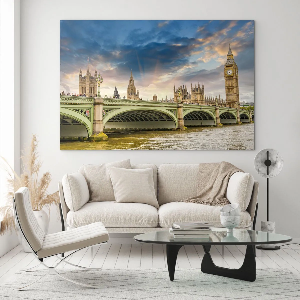 Glasbild - Bild auf glas - Big Ben und Westminster Bridge bei Sonnenuntergang - 120x80cm - Im Imperium ist die Zeit stehen geblieben - Moderne Wanddekoration für Wohnzimmer und Schlafzimmer ARTTOR