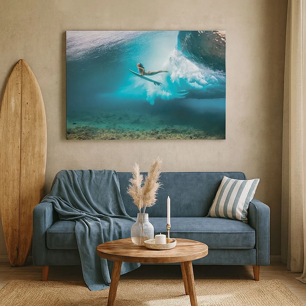 Bild auf Leinwand - Leinwandbild - Surfer unter einer Welle im blauen Ozeanwasser - 70x50cm - Unterwasserwelt - Moderne Wanddekoration für Wohnzimmer und Schlafzimmer ARTTOR