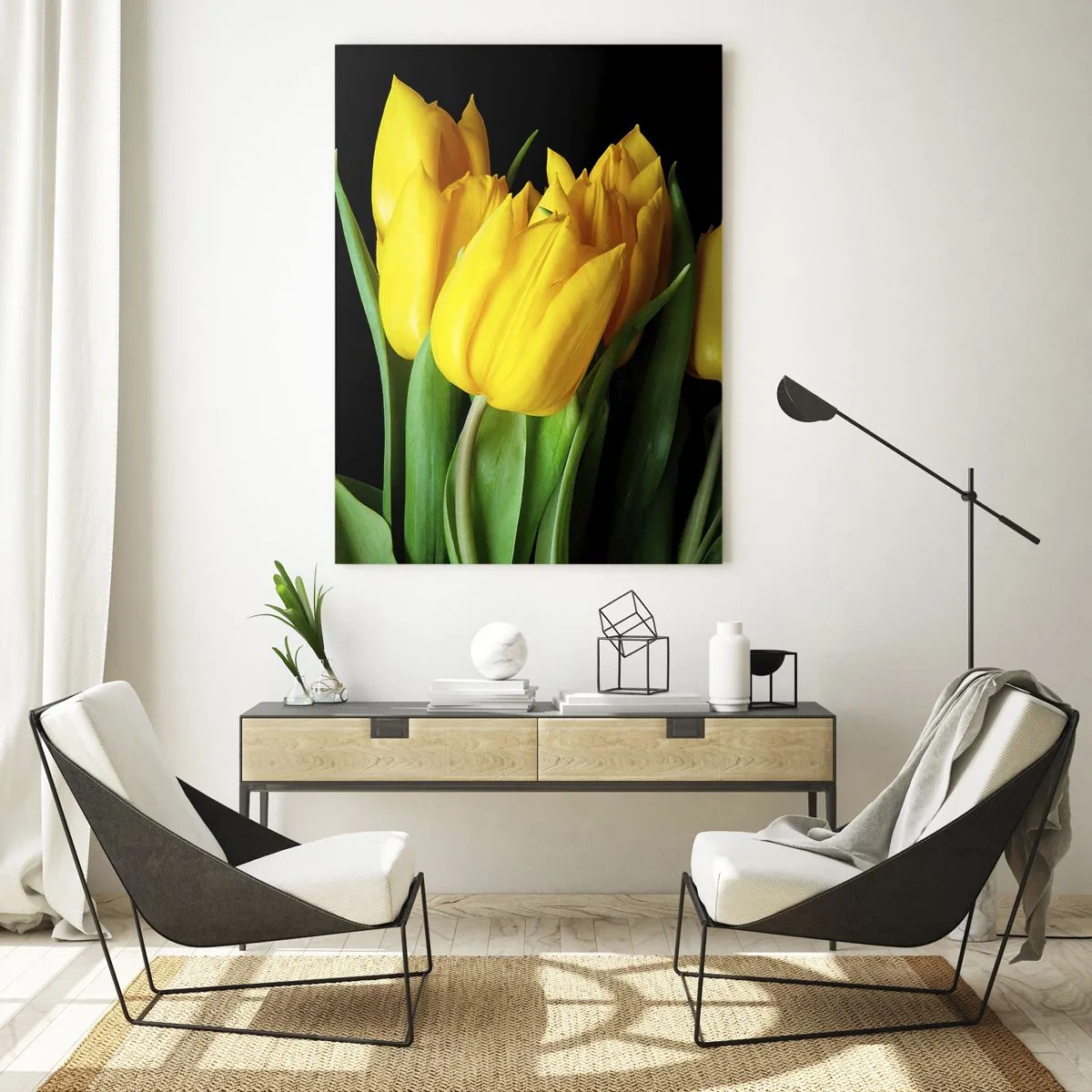 Glasbild - Bild auf glas - Ein Strauß gelber Tulpen auf schwarzem Hintergrund - 80x120cm - Aus klarer Sonne entstanden - Moderne Wanddekoration für Wohnzimmer und Schlafzimmer ARTTOR